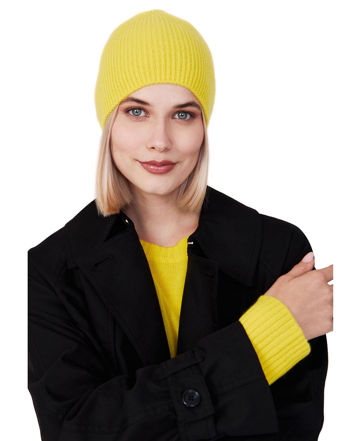 цена Женская шапка-бини из 100% чистого кашемира в рубчик Style Republic, желтый