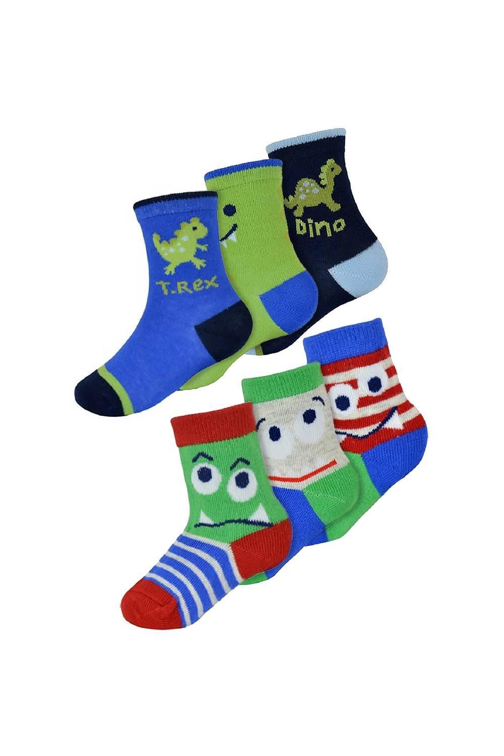6 пар ярких хлопковых носков с узором динозавра-монстра для малышей Sock Snob, мультиколор