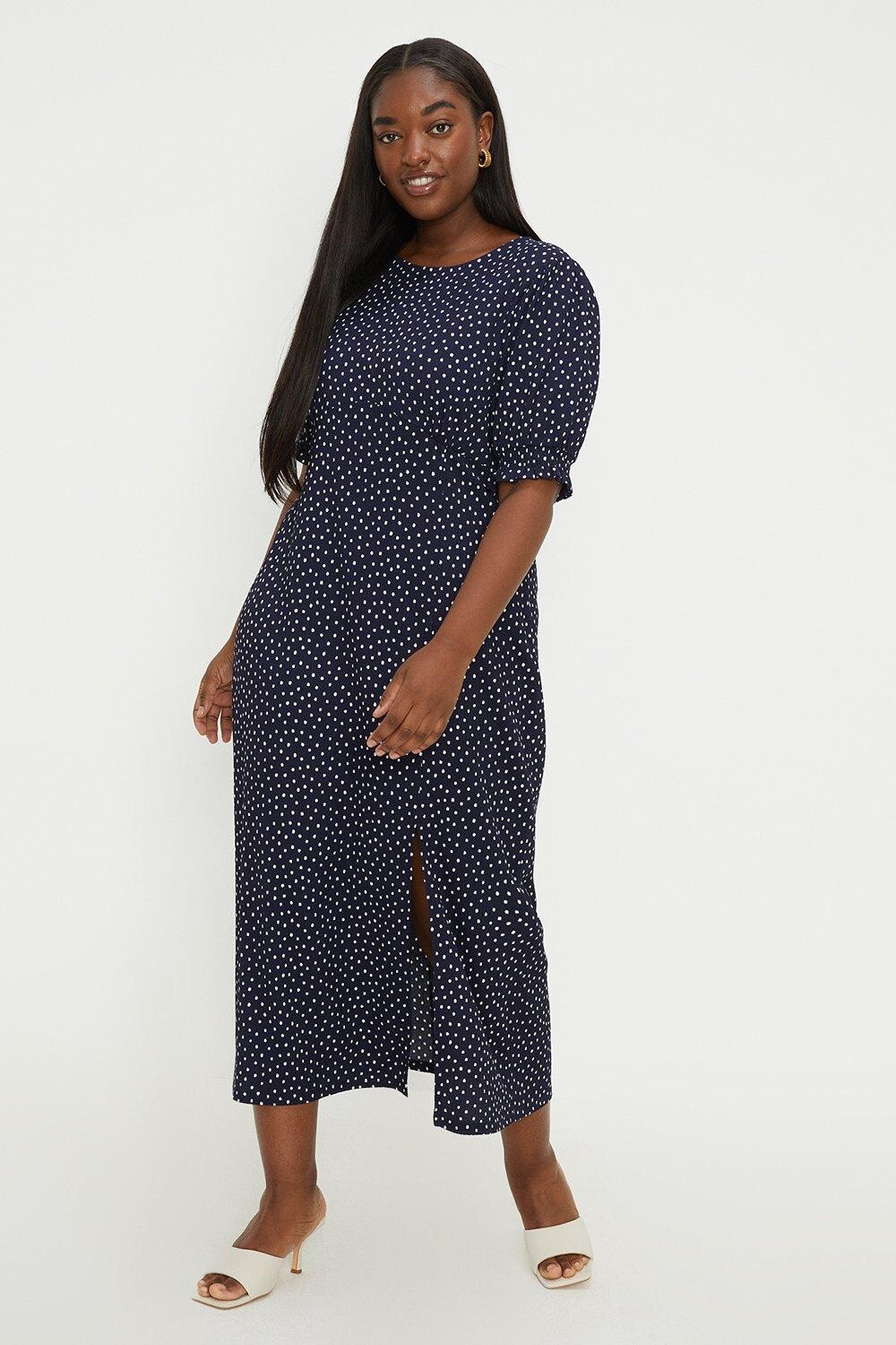 

Темно-синее платье миди с разрезом в горошек Curve Dorothy Perkins, темно-синий