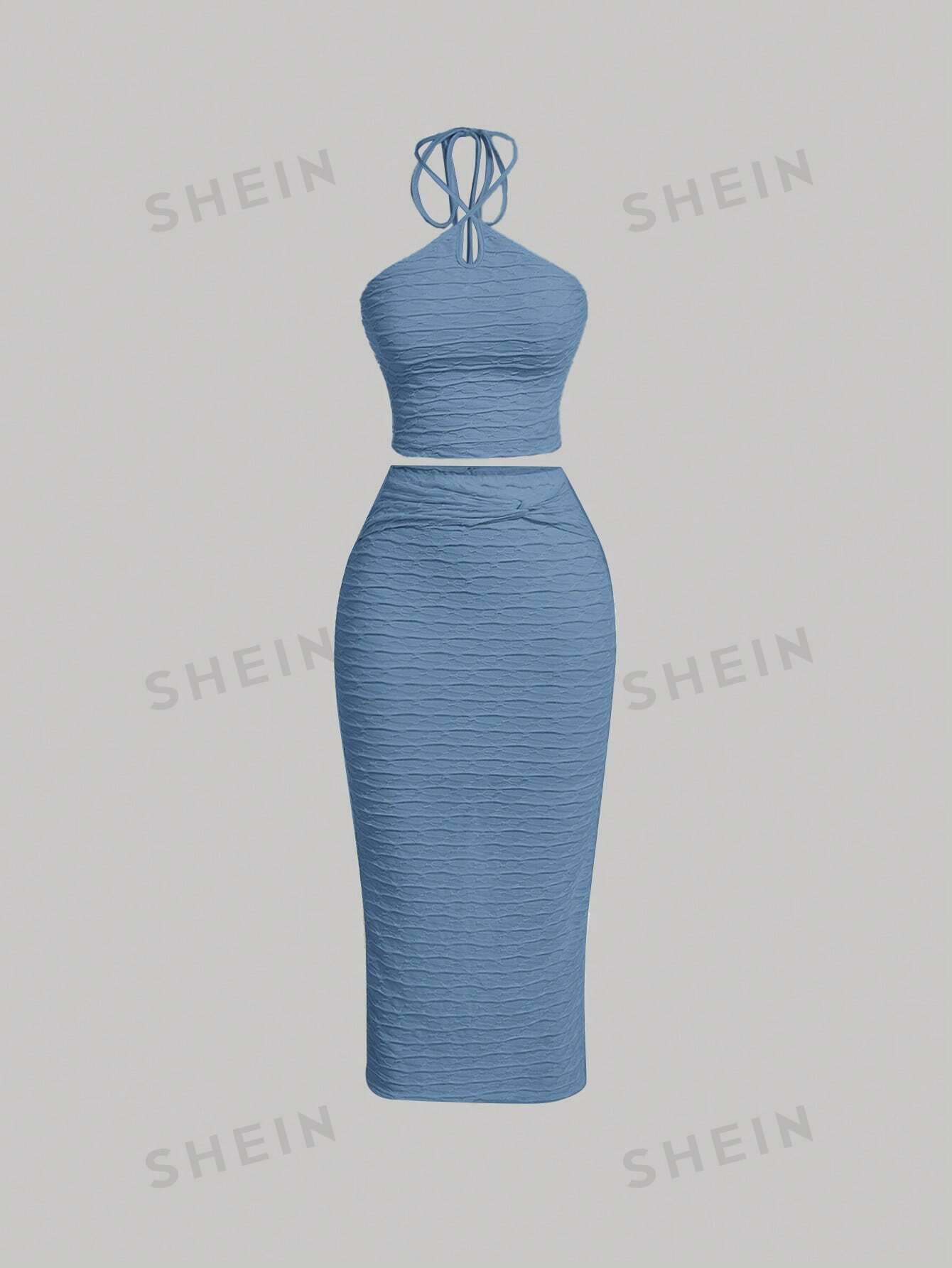 SHEIN MOD Весенние каникулы, синий женский летний комплект из двух предметов топ без рукавов с заклепками и облегающая мини юбка с оборками