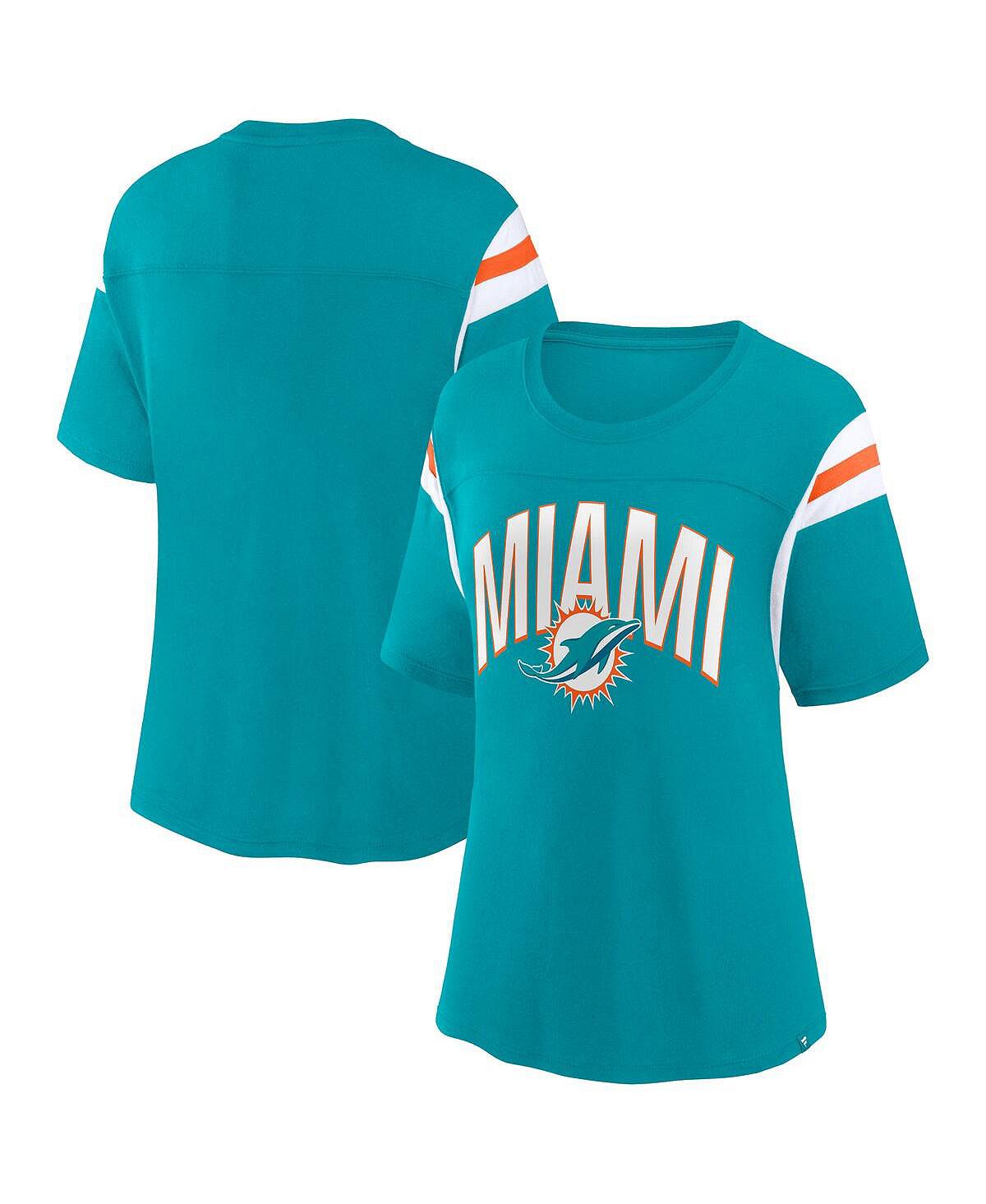 

Женская футболка с фирменным логотипом Aqua Miami Dolphins Earned Stripes Fanatics