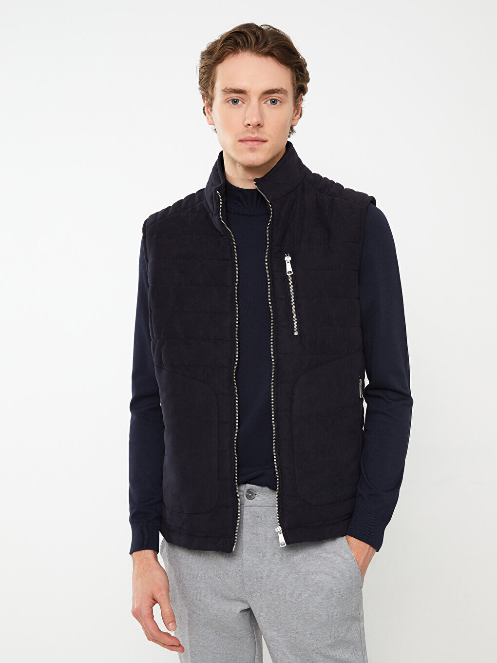 

Замшевый мужской жилет Slim Fit с воротником-стойкой LCW Vision, темно-синий