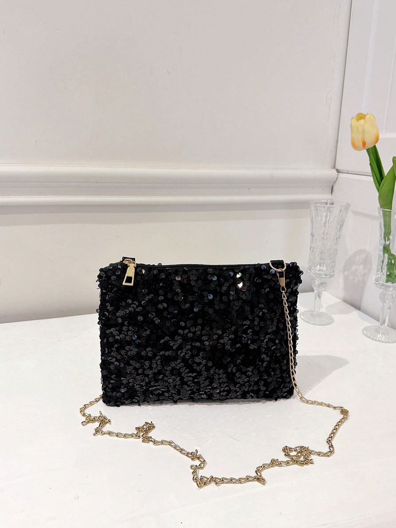 Модная красочная прямоугольная женская сумка с блестками, черный
