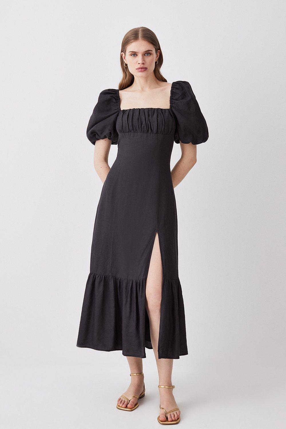 Платье миди из вискозно-льняной ткани с пышными рукавами Karen Millen, черный
