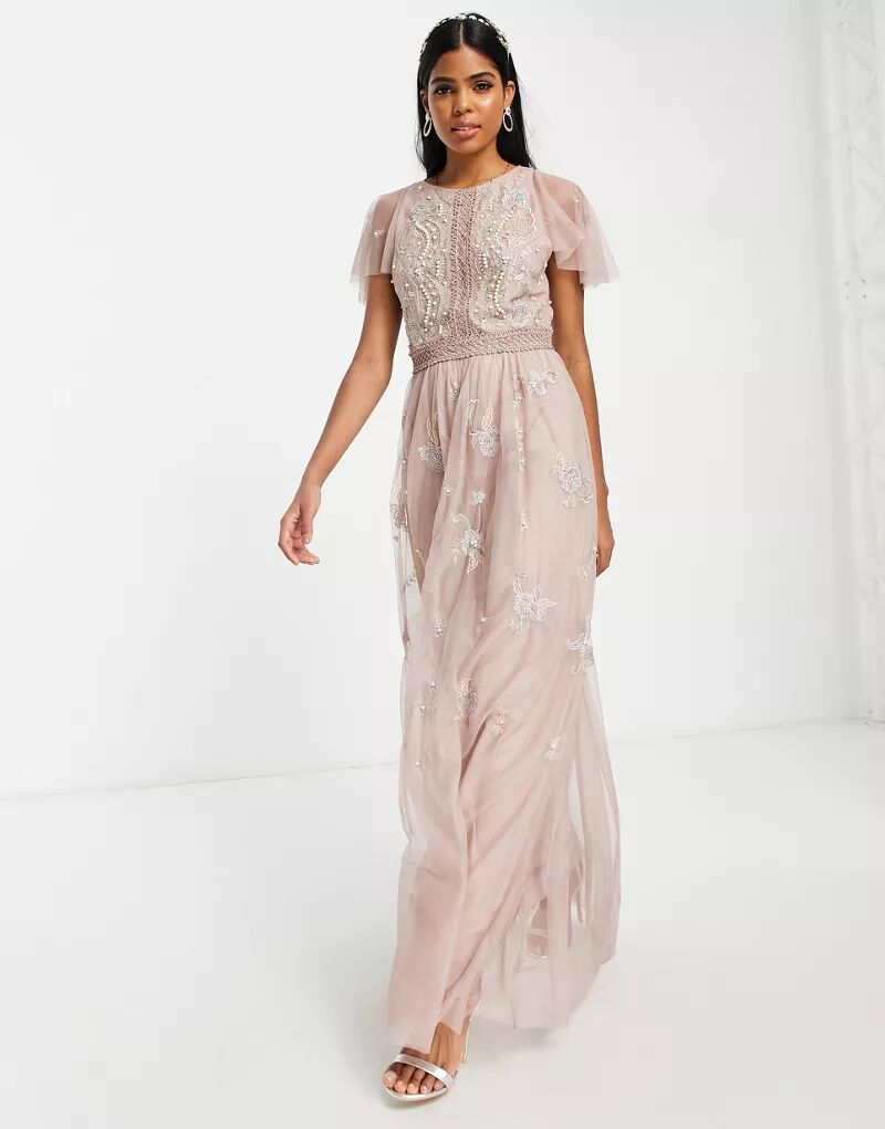 Розовое длинное платье подружки невесты ASOS с развевающимися рукавами, жемчужным декором и цветочной вышивкой