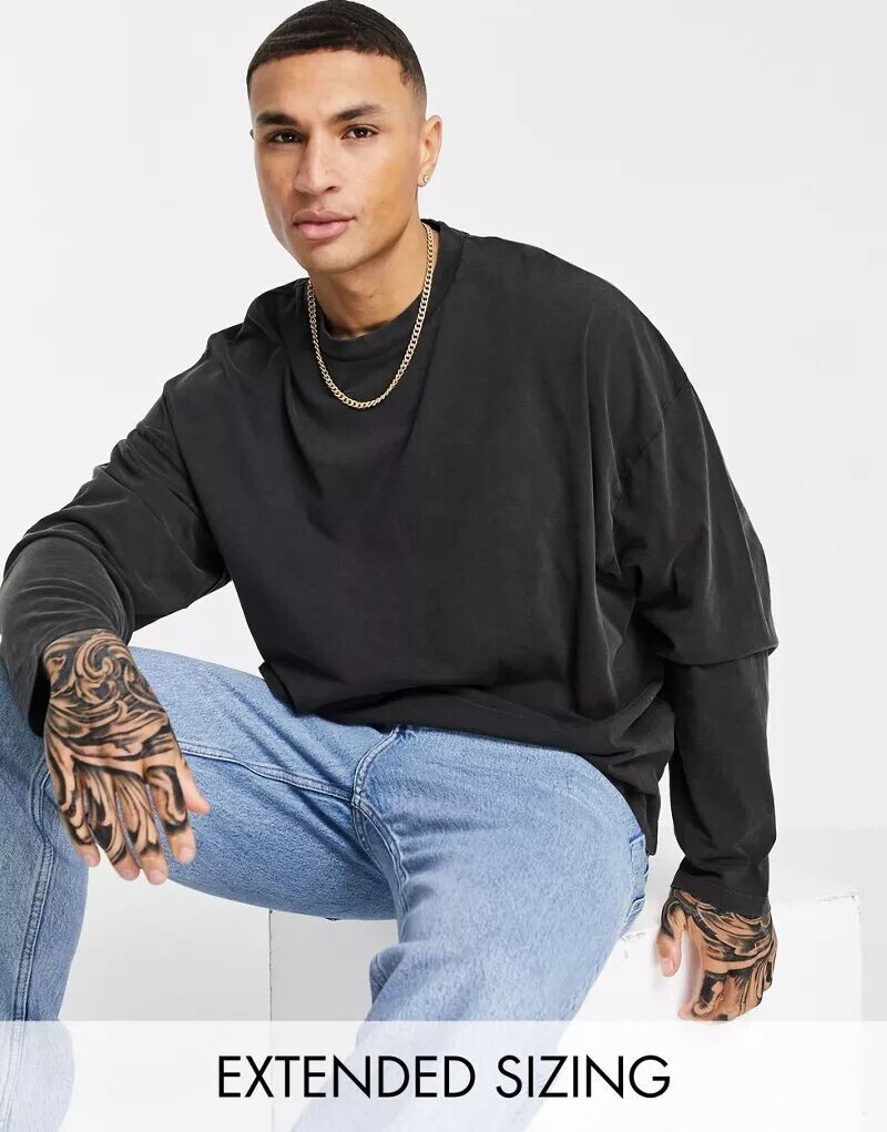 

Черная рубашка с длинными рукавами из смесового хлопка ASOS - BLACK