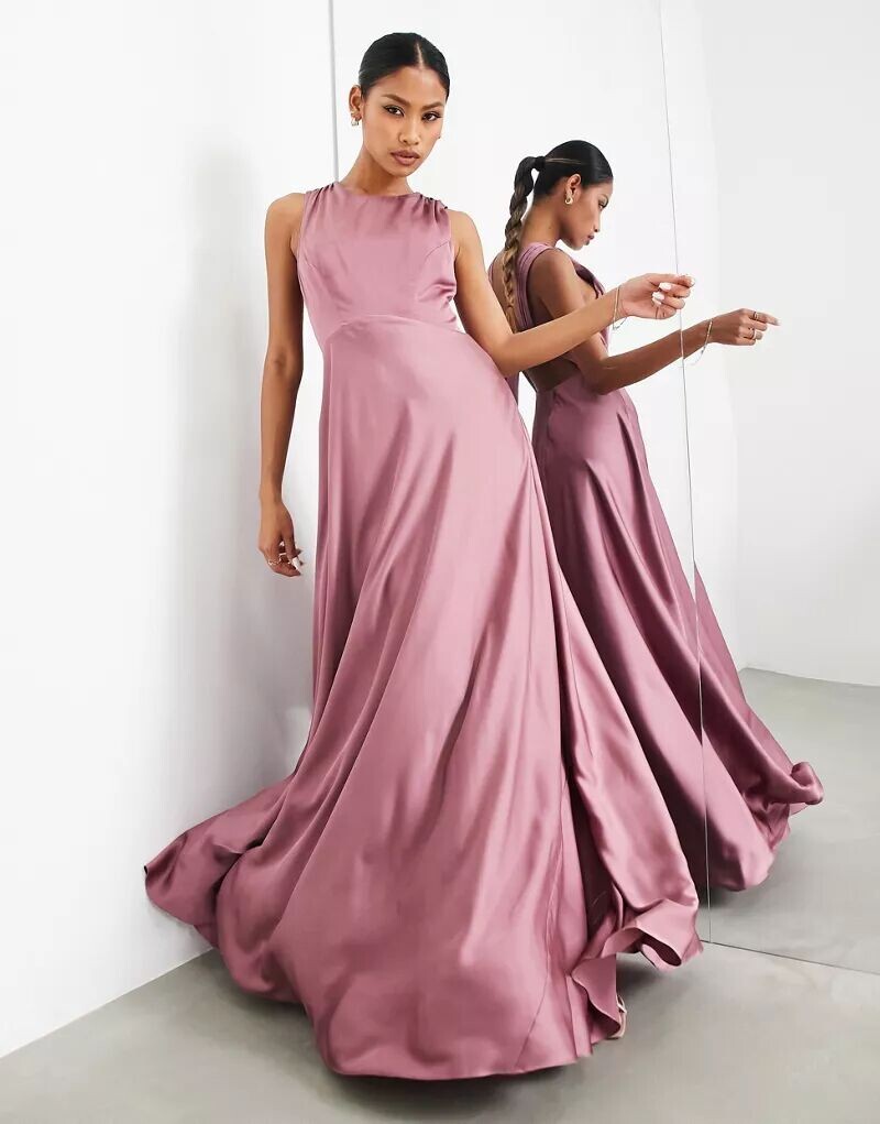 

Атласное платье макси с драпировкой на спине ASOS Bridesmaid цвета орхидеи