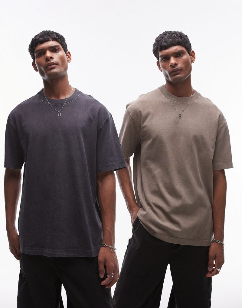 

Набор из двух больших футболок Topman черного и стираного цвета хаки