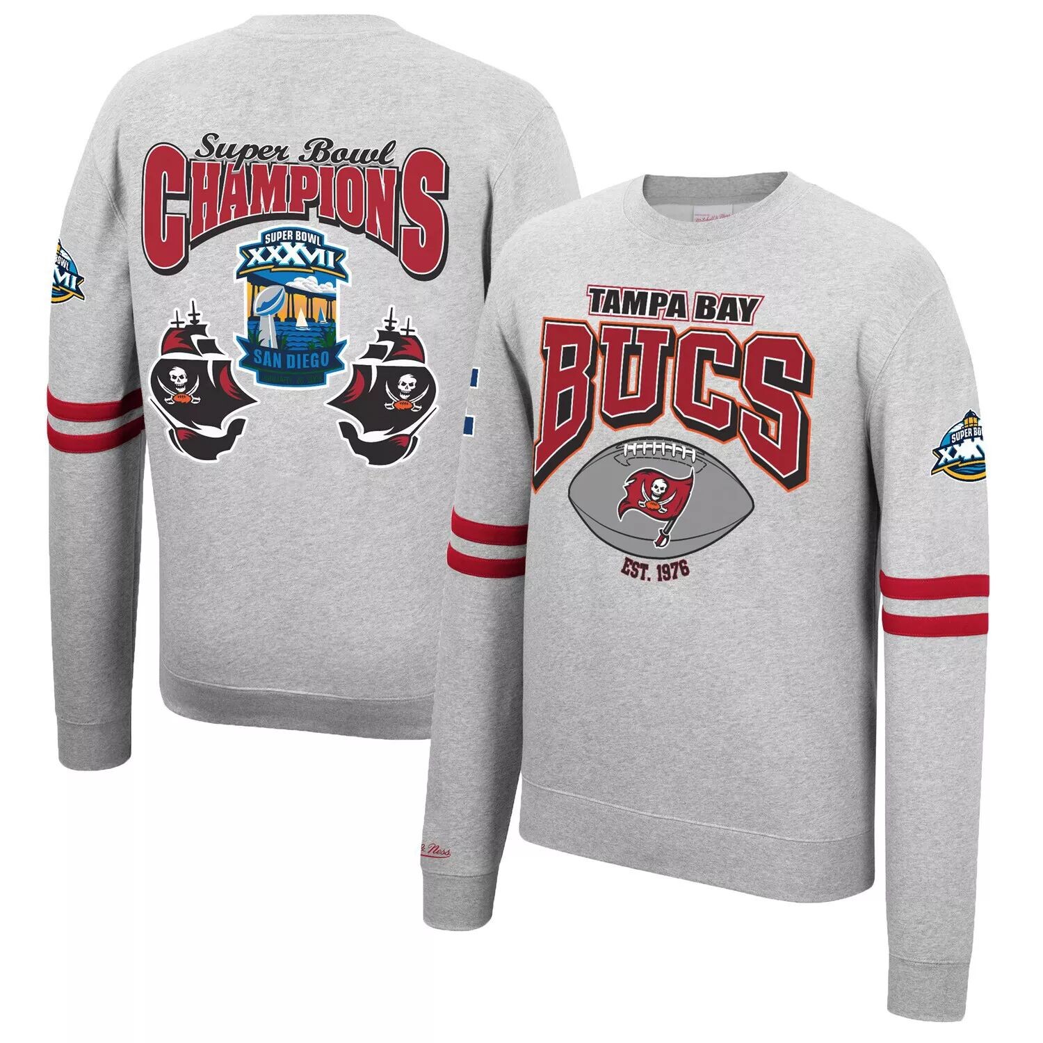 

Мужской флисовый пуловер с принтом Mitchell & Ness Heathered Grey Tampa Bay Buccaneers со сплошным принтом