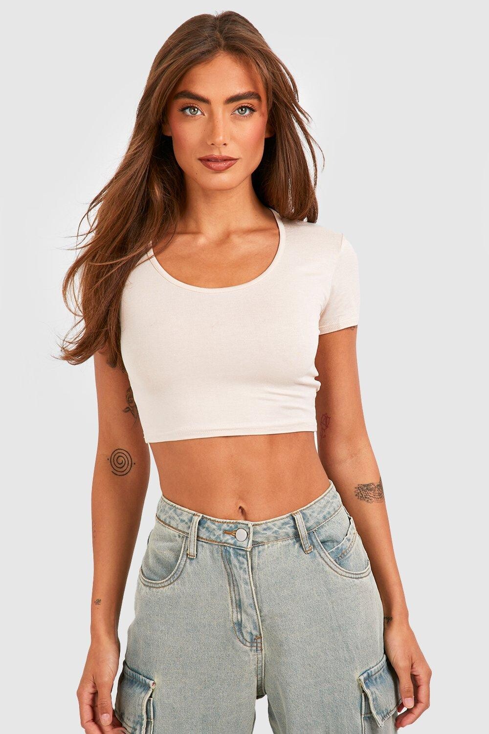 

Укороченный топ из джерси с овчным вырезом и короткими рукавами Boohoo, серый