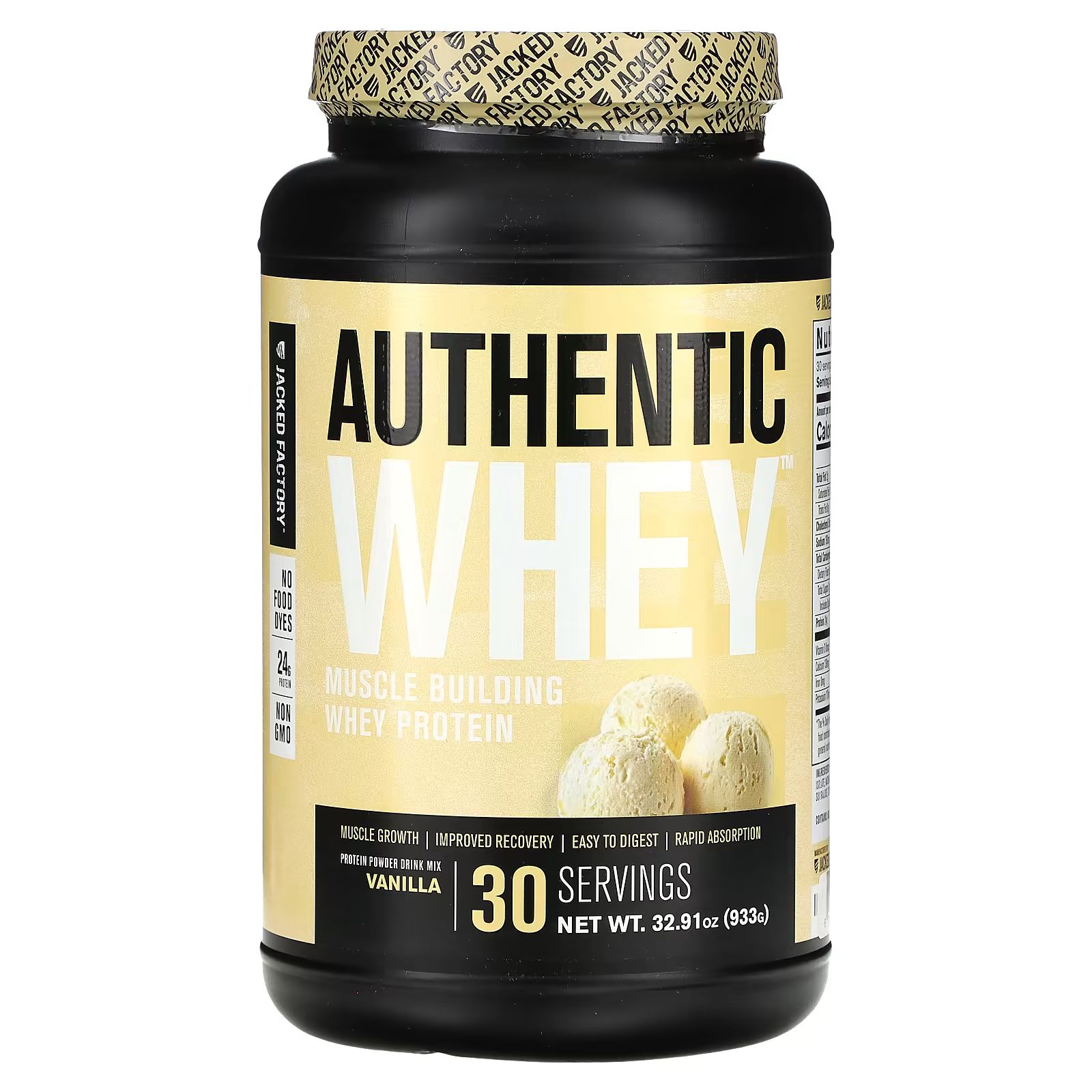 

Authentic Whey, Сывороточный протеин для наращивания мышечной массы, ваниль, 32,91 унции (933 г) Jacked Factory