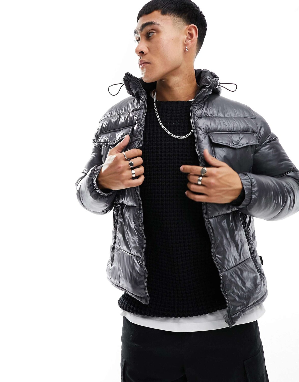 

Серый блестящий пуховик с капюшоном Jack & Jones