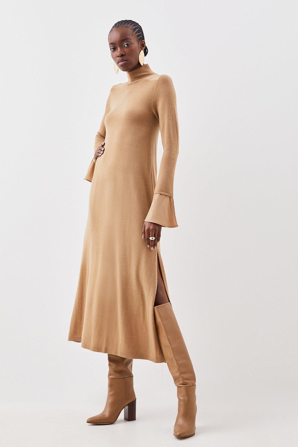 Трикотажное платье макси из мериносовой шерсти и шелковых манжет Karen Millen, бежевый фото