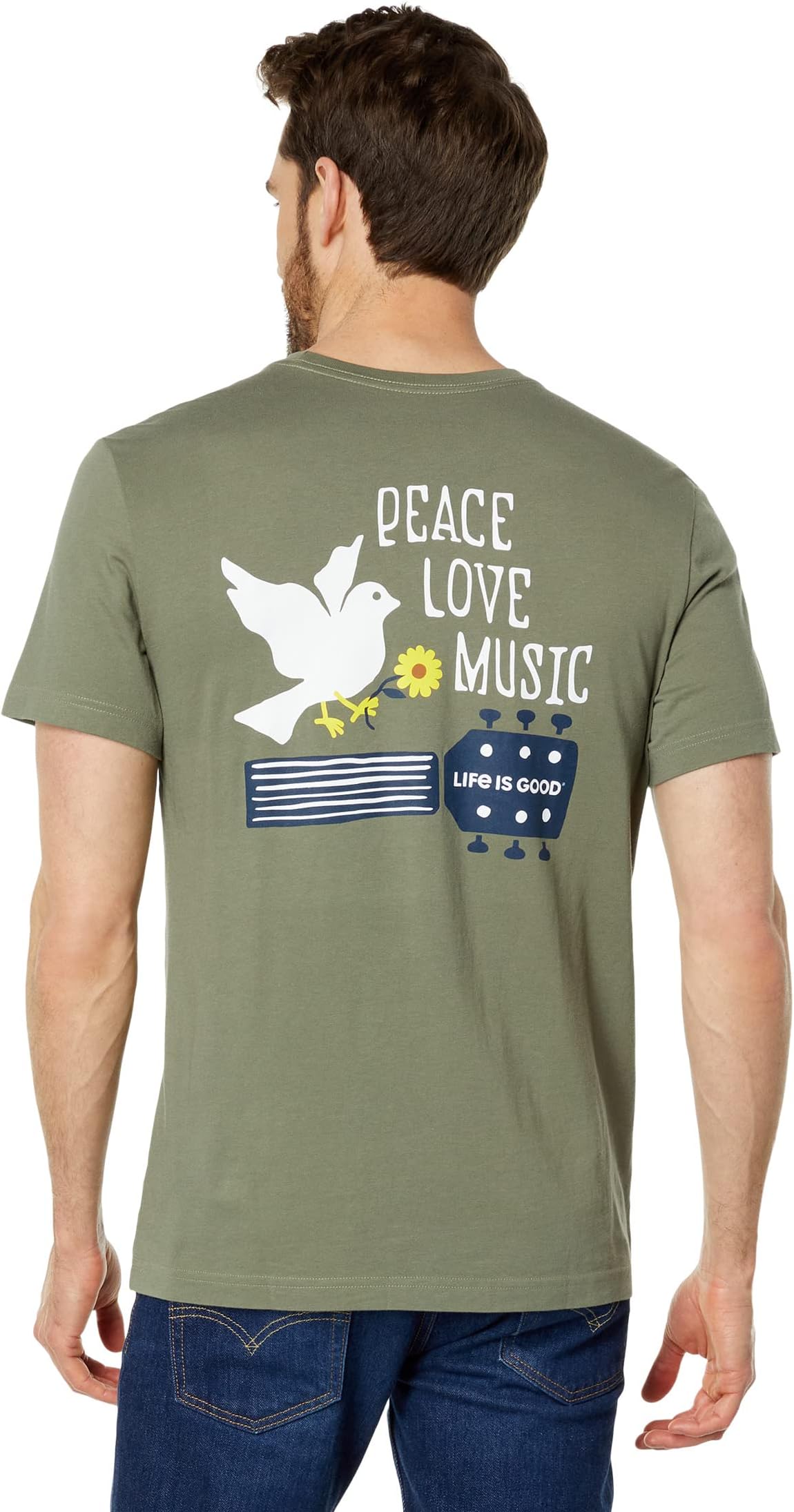 

Футболка Dove Crusher с короткими рукавами Peace, Love, Music Life is Good, цвет Moss Green