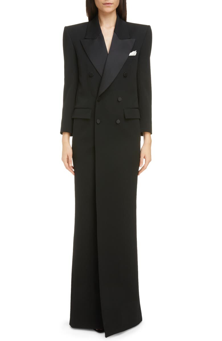 

Длинный двубортный шерстяной смокинг SAINT LAURENT, черный