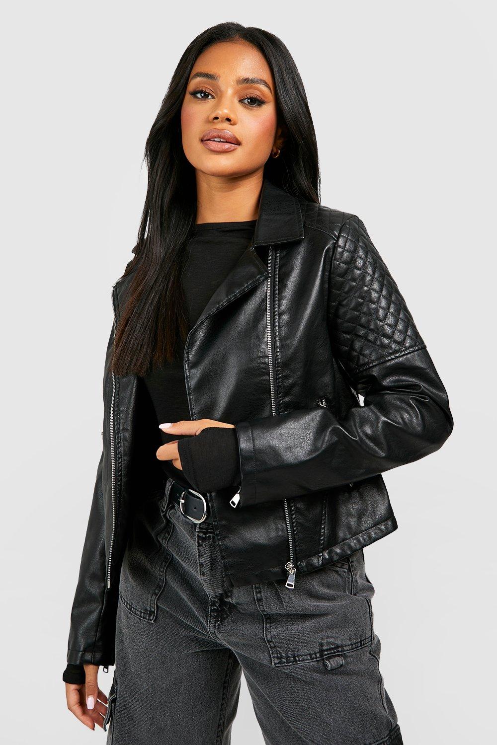 Байкерская куртка из искусственной кожи boohoo, черный женская байкерская куртка из искусственной кожи осенне зимняя приталенная байкерская кожаная куртка на молнии с длинным рукавом верхняя