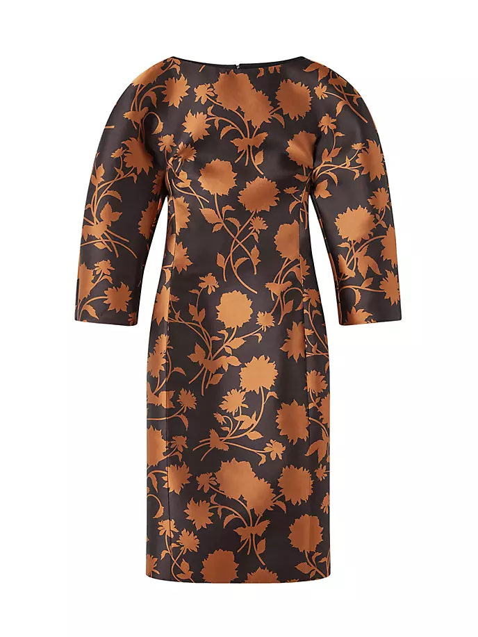 

Двойное атласное платье-футляр Duchesse с цветочным принтом Versace, цвет black caramel