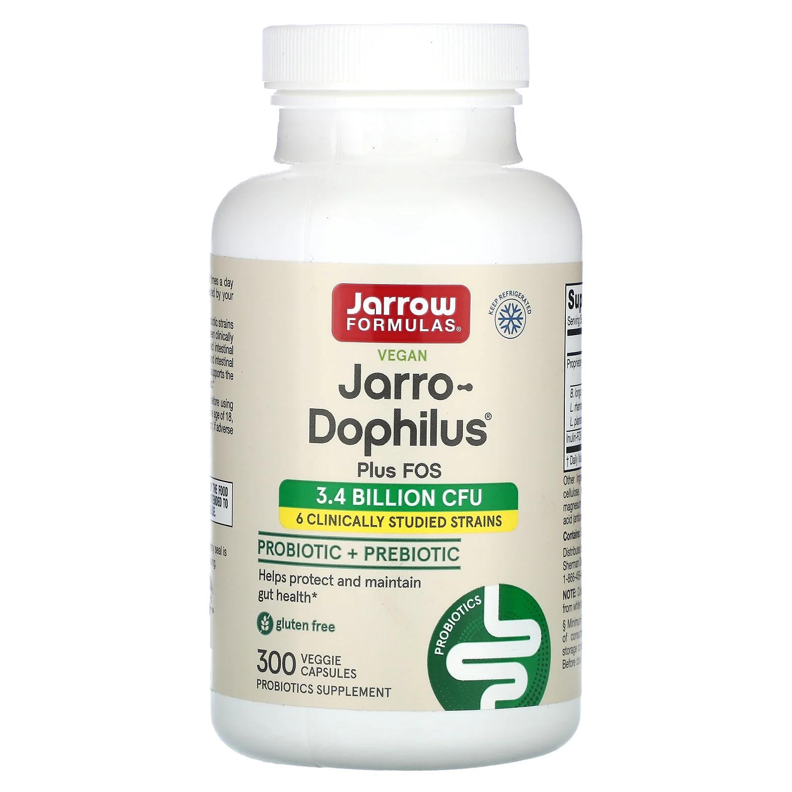 Jarrow Formulas Jarro-Dophilus plus FOS 300 вег капсул детский пробиотический комплекс jarrow formulas jarro dophilus kids 1 billion cfu natural raspberry 60 шт