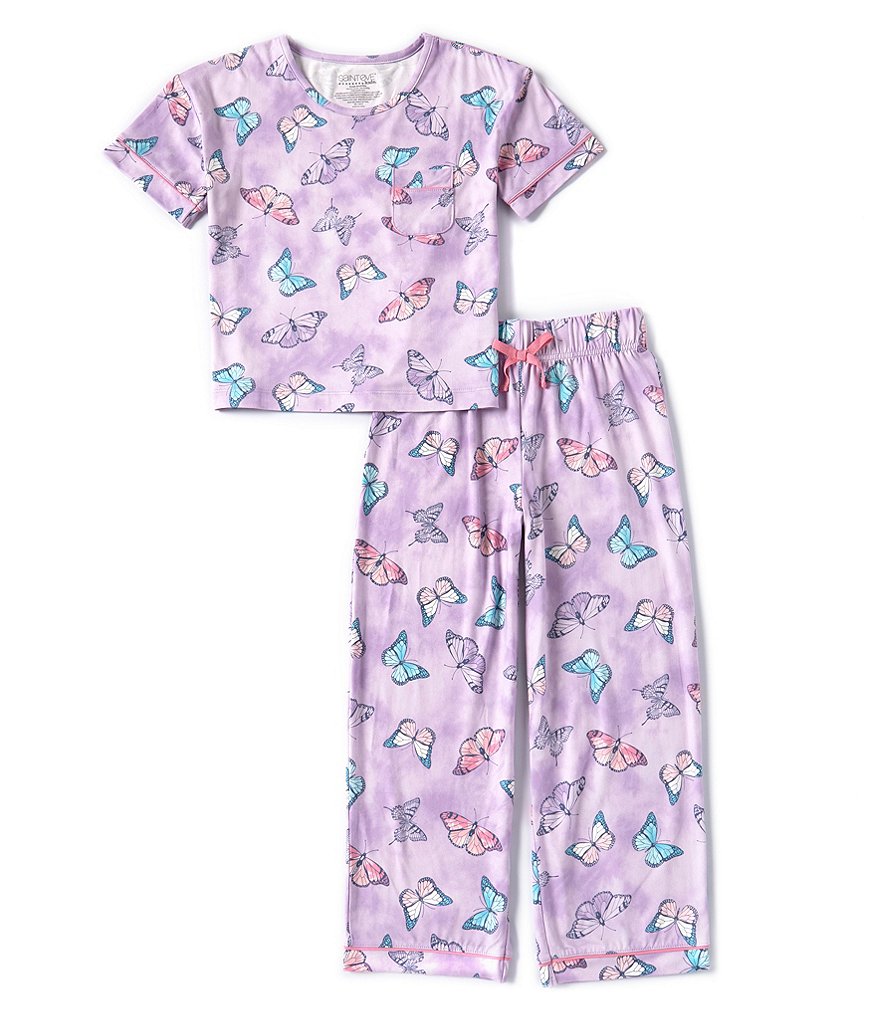 Komar Kids Пижамный топ с короткими рукавами и принтом бабочек для маленьких/больших девочек 4–16 лет и комплект пижамных штанов в тон, фиолетовый