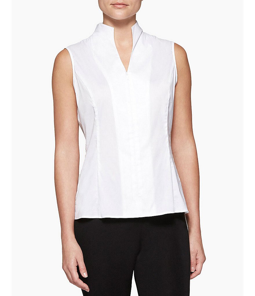 цена Ming Wang Моющаяся блузка из хлопковой смеси с воротником-стойкой без рукавов и застежкой-молнией спереди, белый