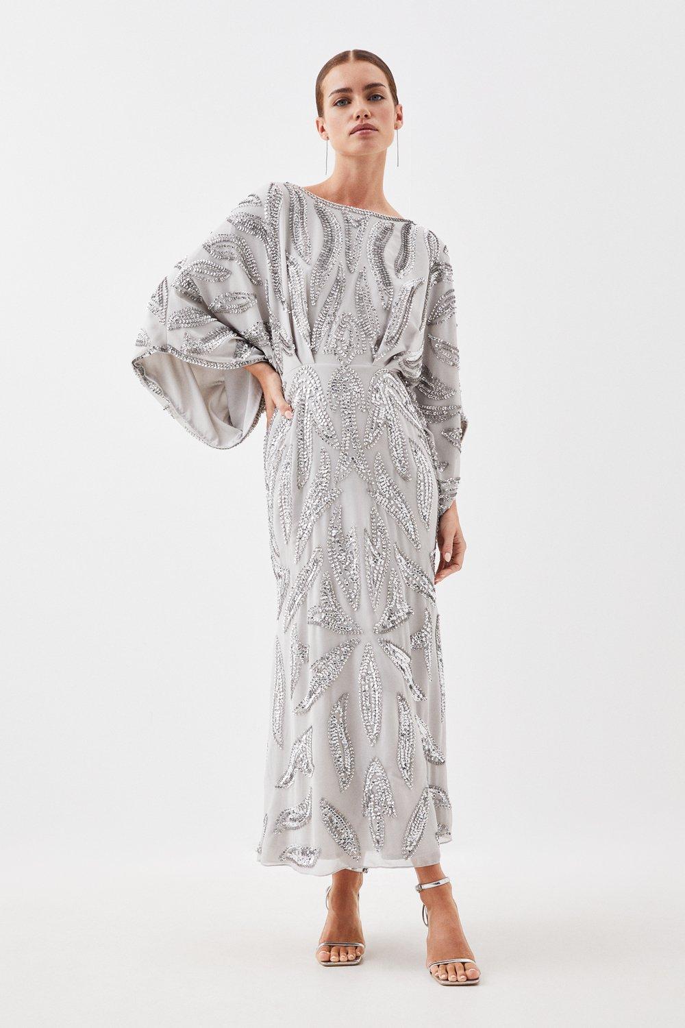 миниатюрное облегающее вискозное жаккардовое вязаное платье макси с рукавами ангела karen millen бежевый Миниатюрное тканое платье макси с рукавами-кимоно и украшением Karen Millen, серебро