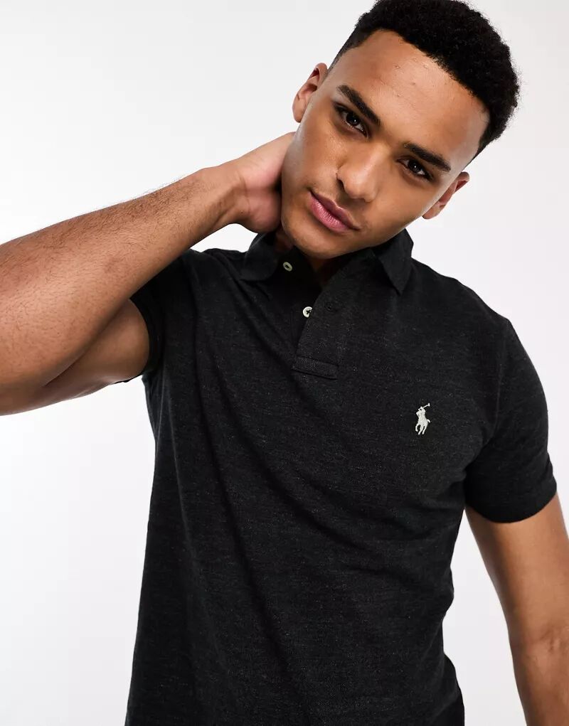 цена Черная крапчатая рубашка-поло узкого кроя из пике с логотипом бренда Polo Ralph Lauren