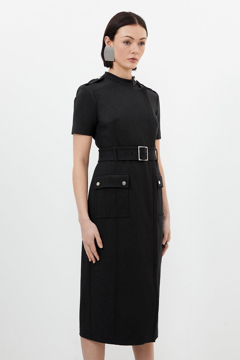 

Компактное эластичное платье миди с поясом и поясом Petite Karen Millen, черный