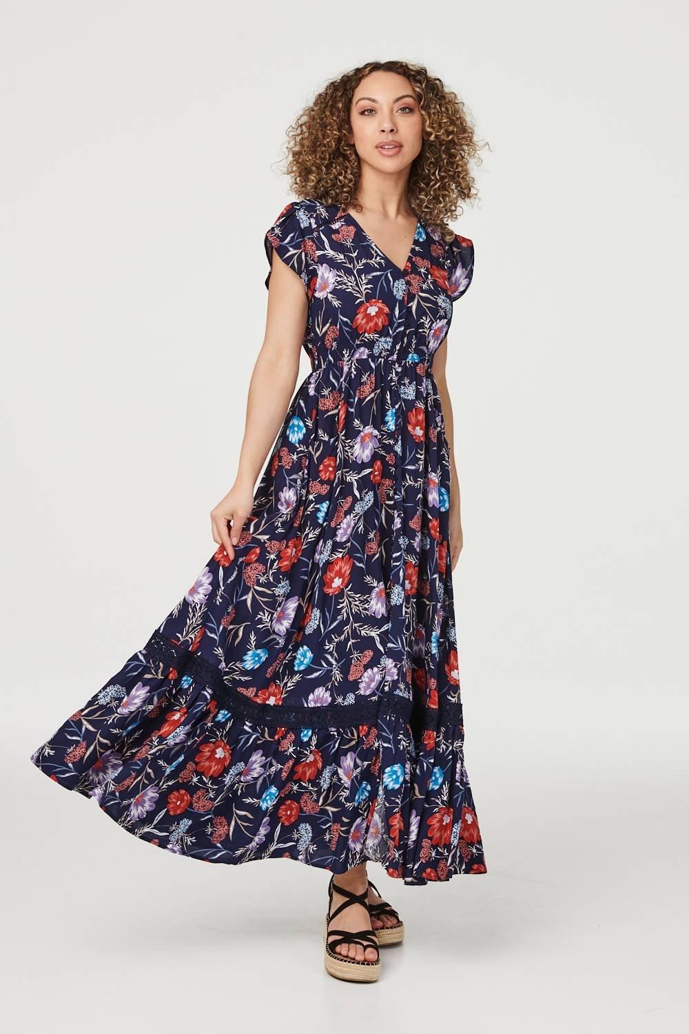 Платье макси с цветочным принтом и короткими рукавами Izabel London, синий