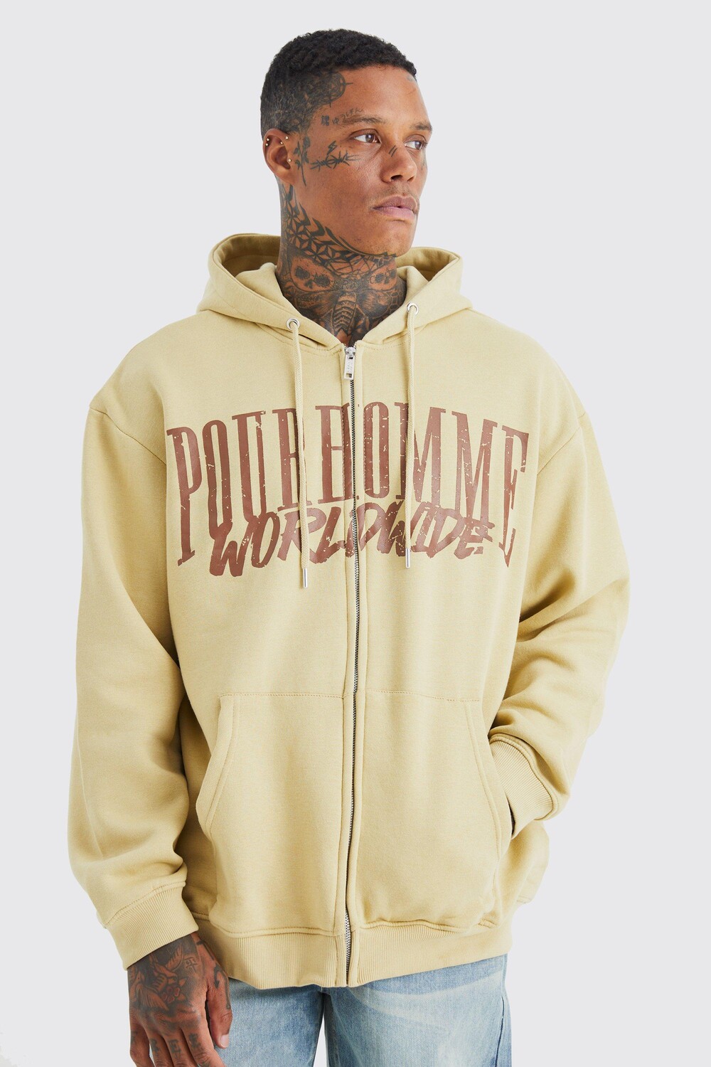 

Худи оверсайз pour homme на молнии Boohoo, песочный, Бежевый