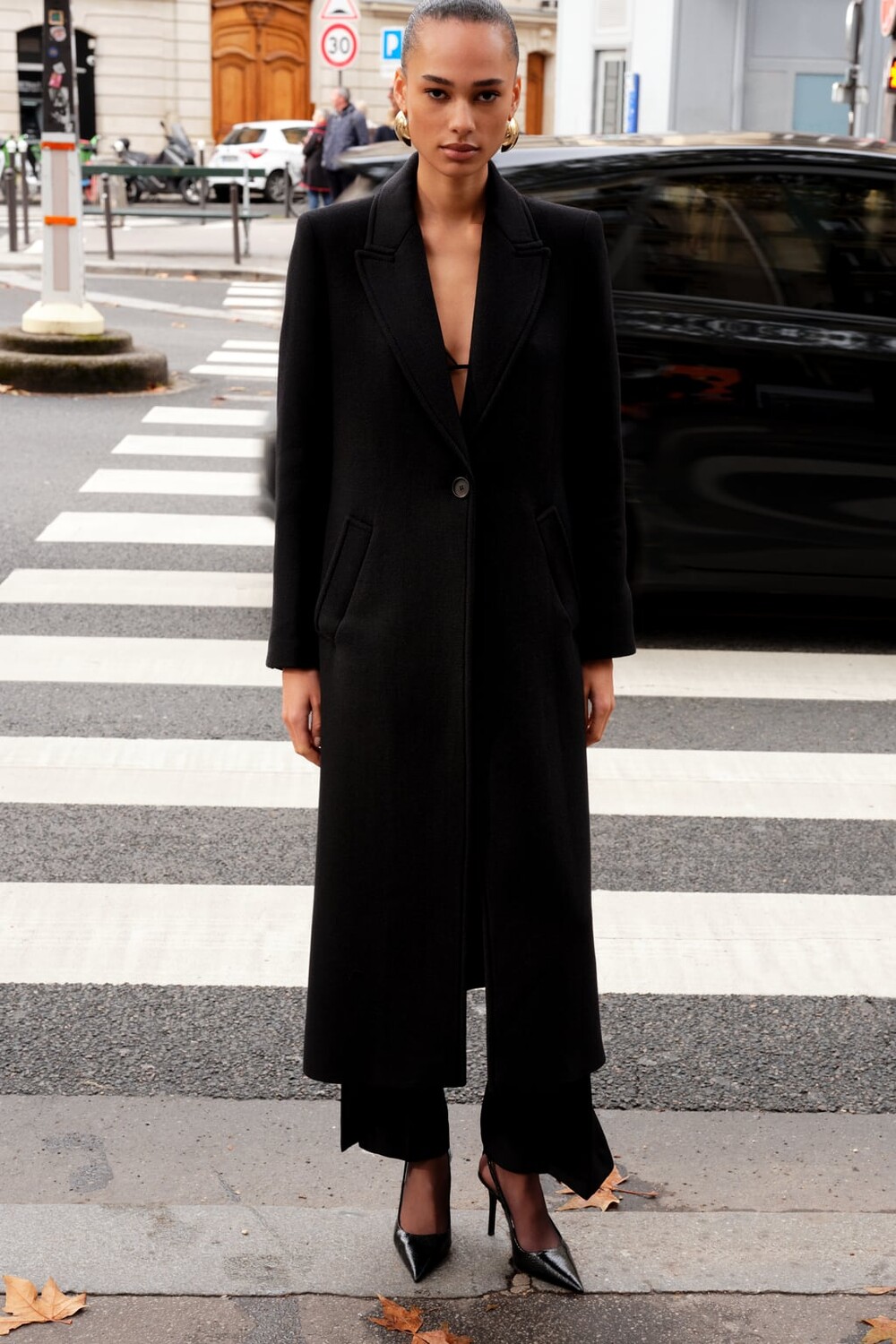 

Длинное пальто из смесовой шерсти ZARA, черный