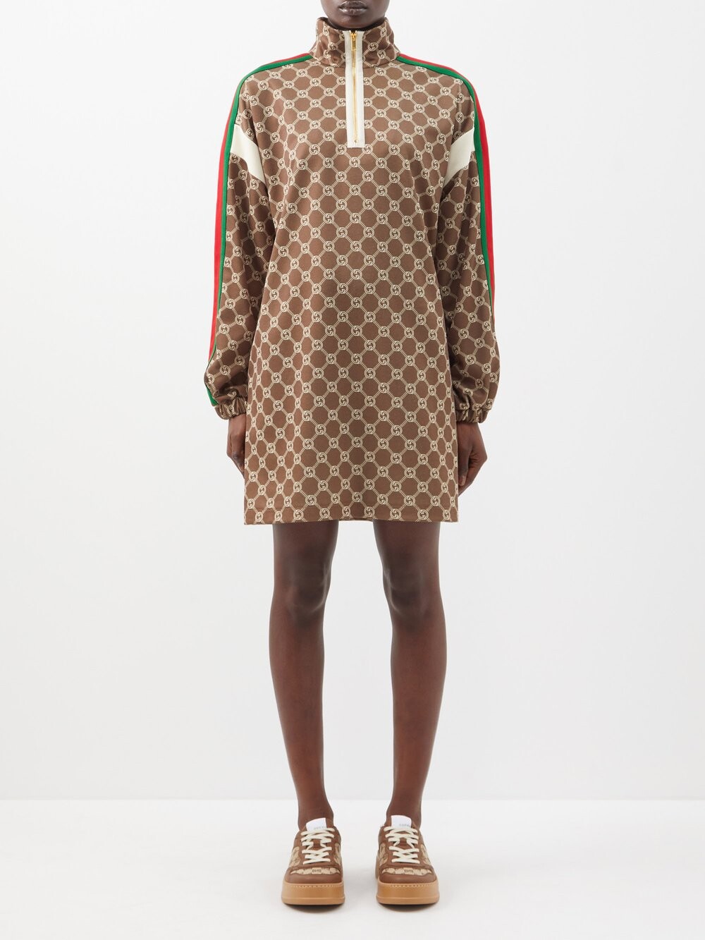 

Платье мини из пике-джерси с принтом gg и полосками web Gucci, коричневый