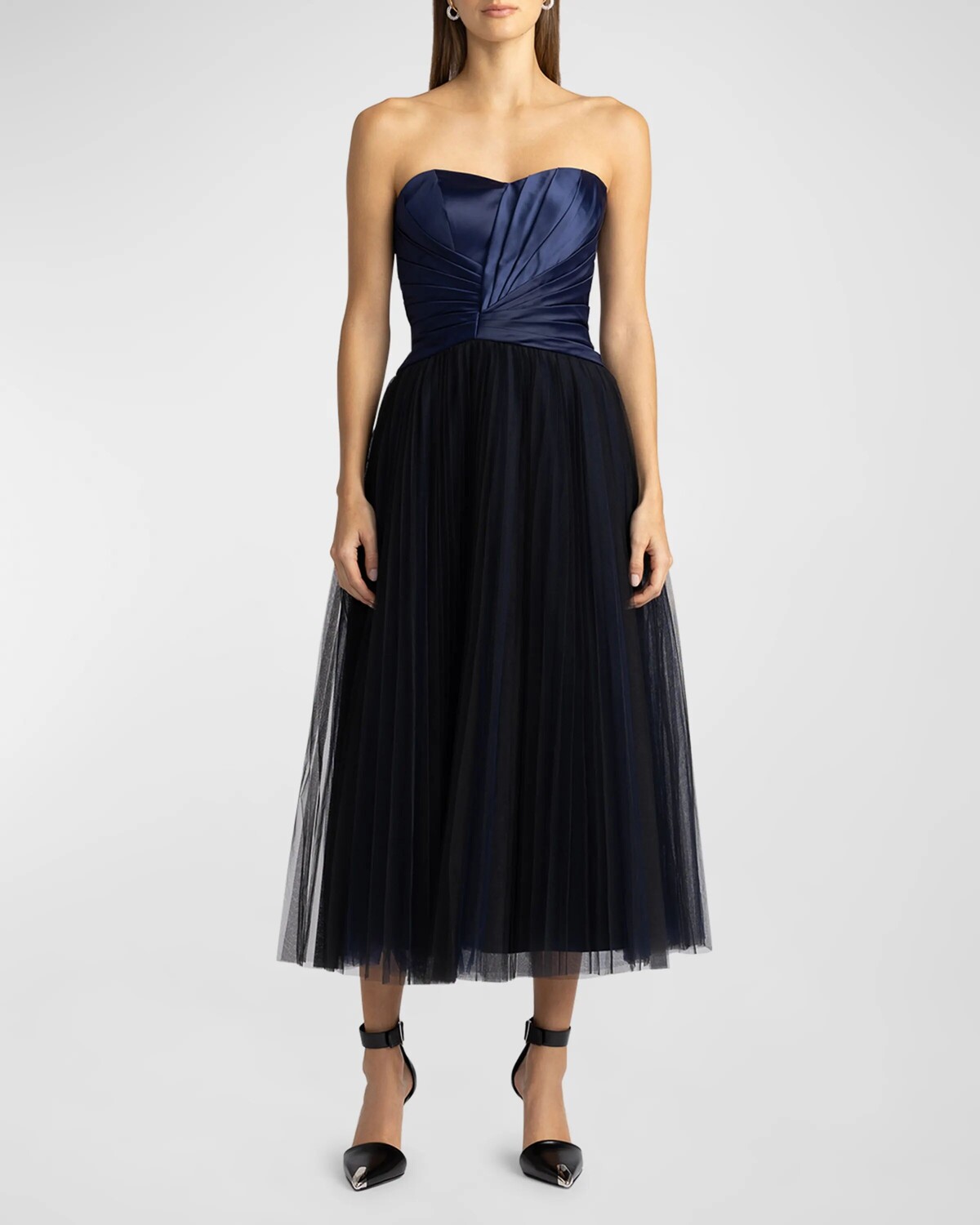 

Платье миди из тюля без бретелек со складками Zac Posen, цвет Knight