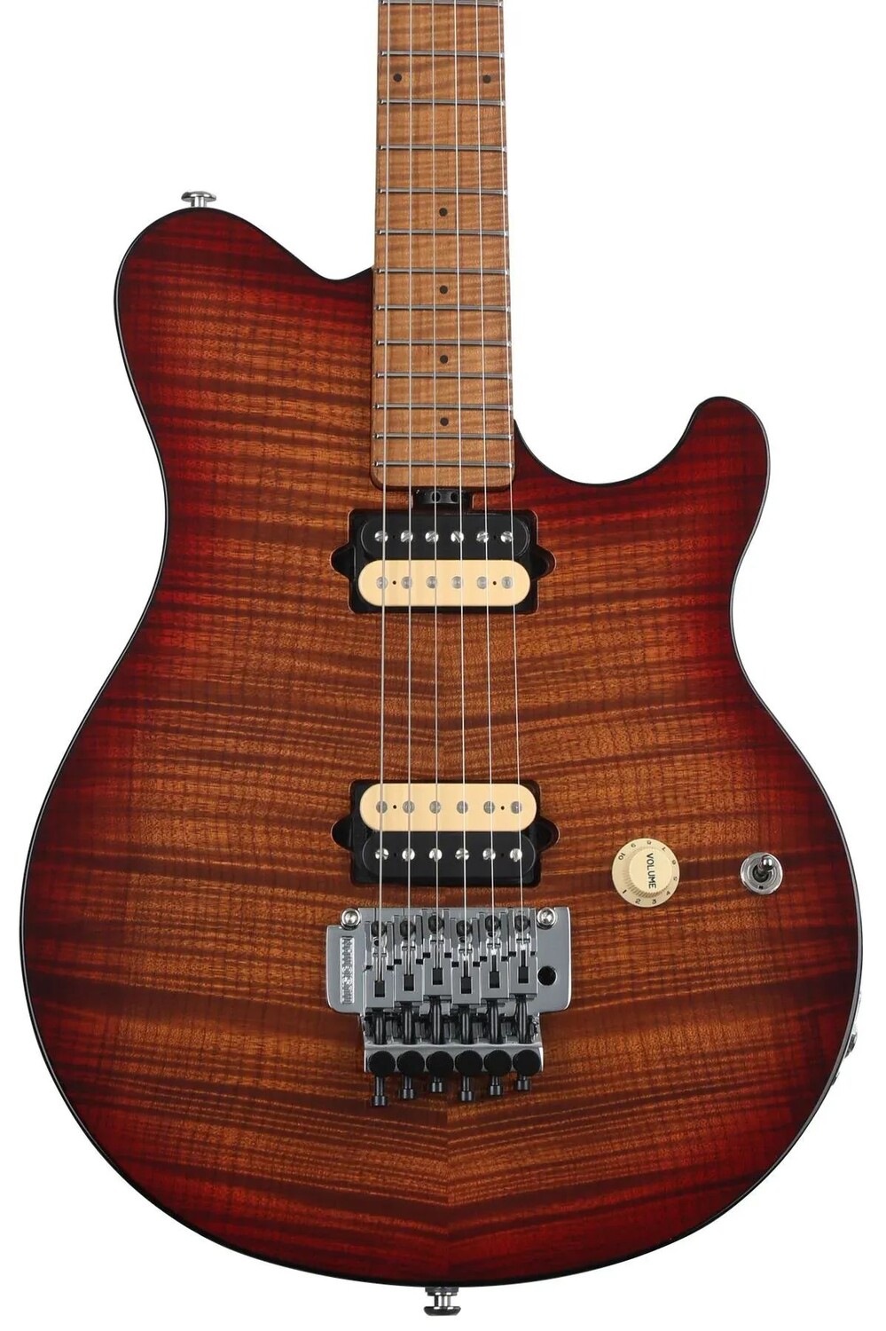 

Новая электрогитара Ernie Ball Music Man Axis — пламя из жареного янтаря с накладкой из жареного фигурного клена