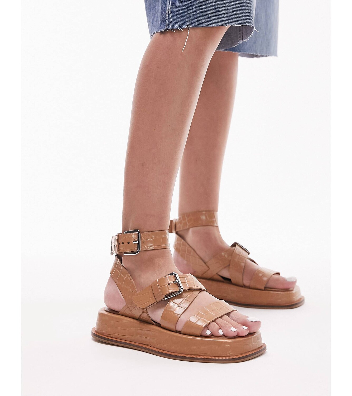

Коричневые кожаные массивные сандалии на плоской подошве с пряжкой Topshop Jax