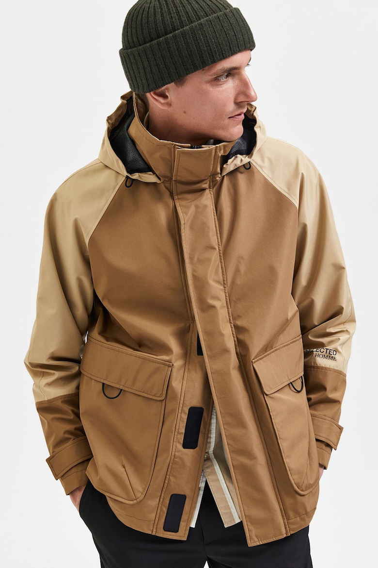 Куртка с капюшоном и контрастными рукавами Selected Homme, коричневый
