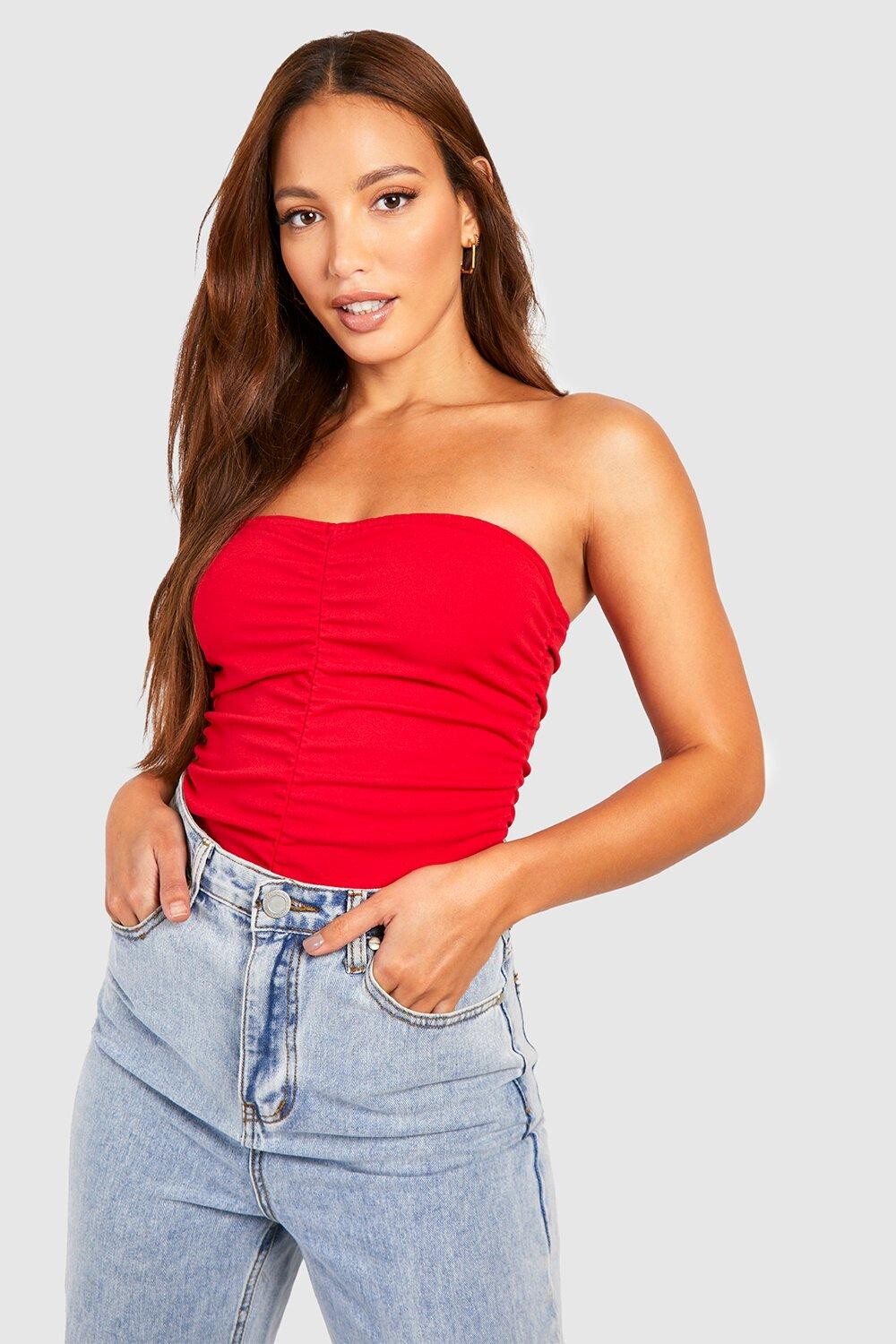 

Высокое боди-бандо со сборами Boohoo, красный