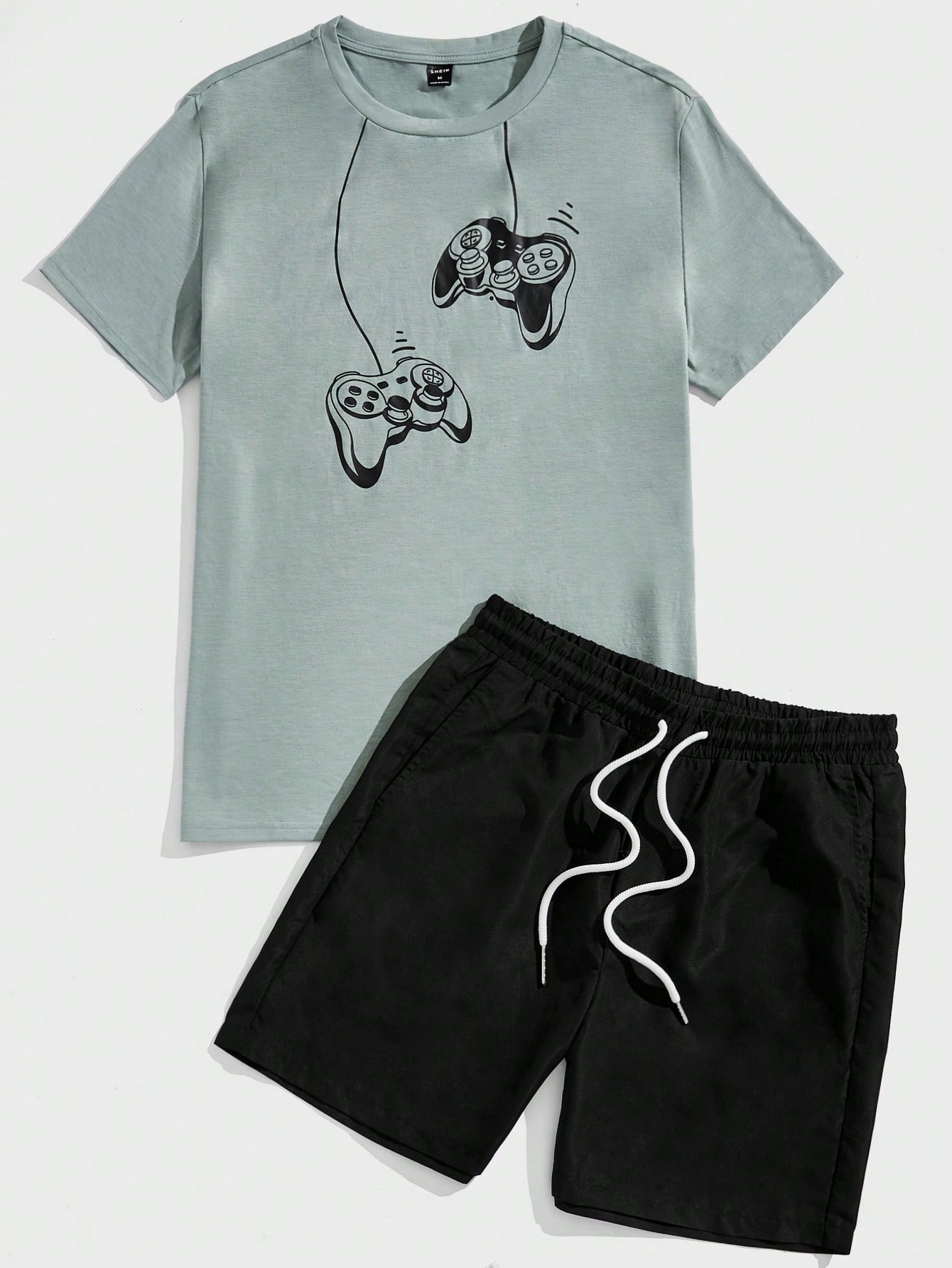цена SHEIN Мужская футболка с короткими рукавами и шорты с контроллером для видеоигр, мятно-зеленый