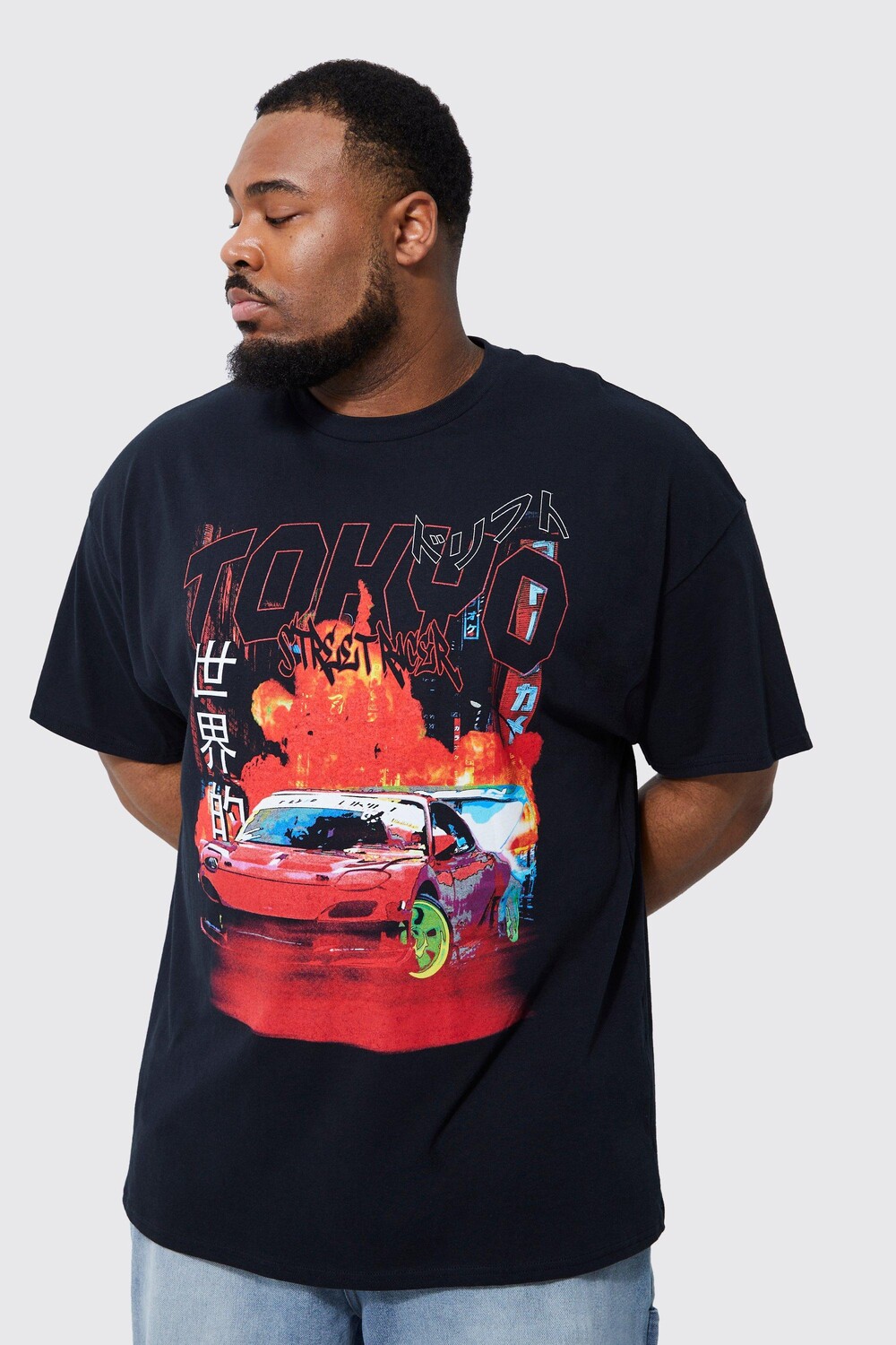 

Оверсайзовая футболка tokyo car flames плюс Boohoo, черный