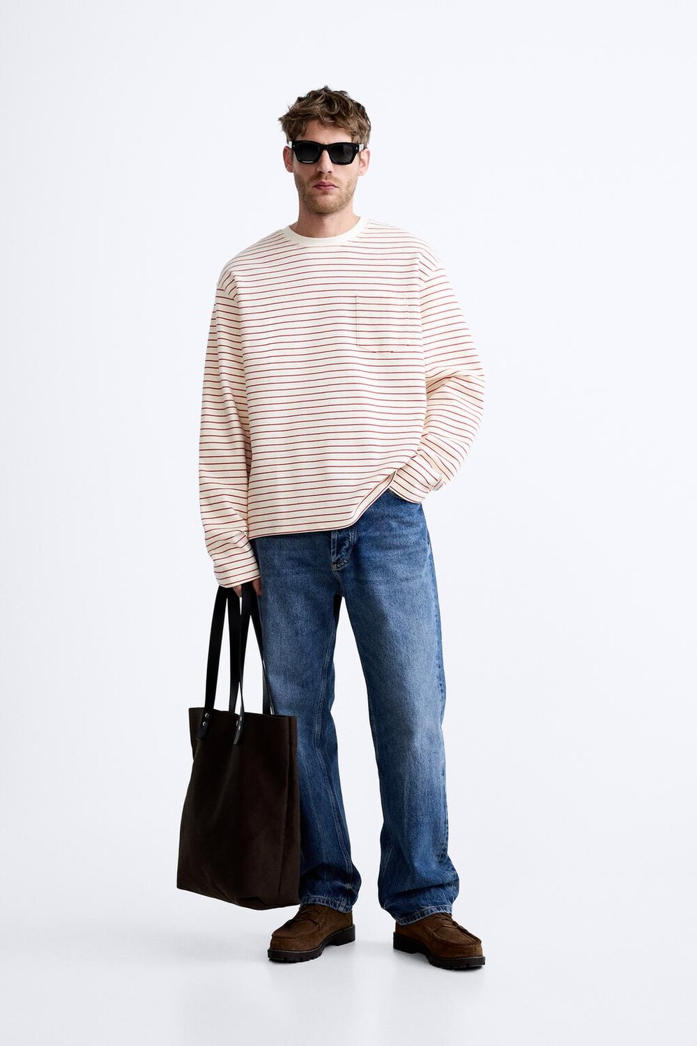 

Хлопковая футболка в полоску ZARA, экрю/красный