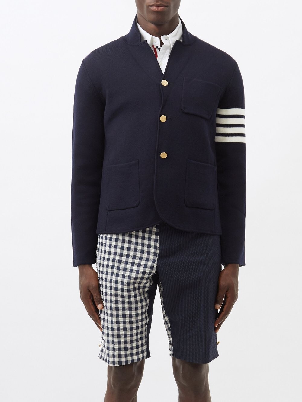 

Блейзер мериносовой вязки с четырьмя полосками Thom Browne, синий