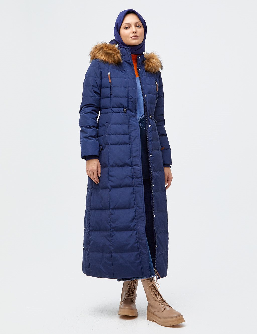 Пальто с меховым капюшоном и гусиным пером Темно-синее Kayra