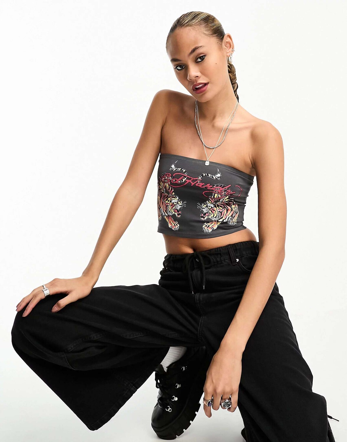 

Серый укороченный топ-бандо Ed Hardy с тигровым рисунком