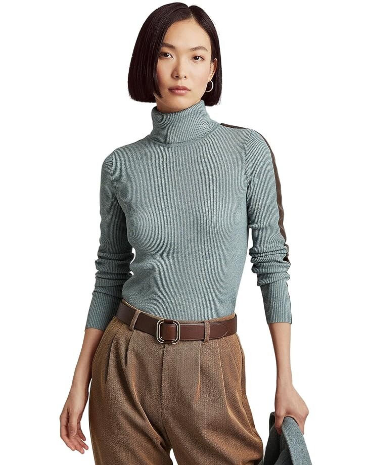

Свитер LAUREN Ralph Lauren Petite Faux-Leather-Trim Turtleneck Sweater, цвет Light Teal Heather/Chocolate