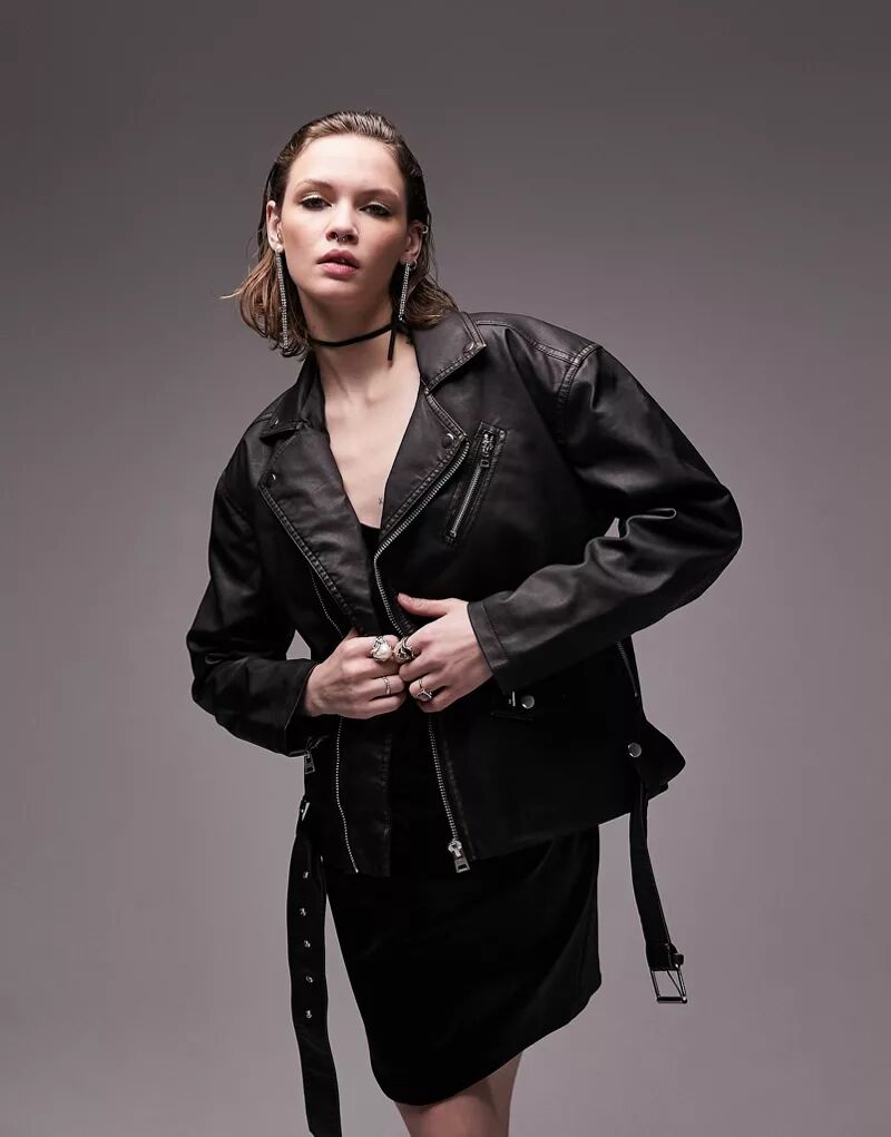 Коричневая байкерская куртка оверсайз из искусственной кожи Topshop цена и фото