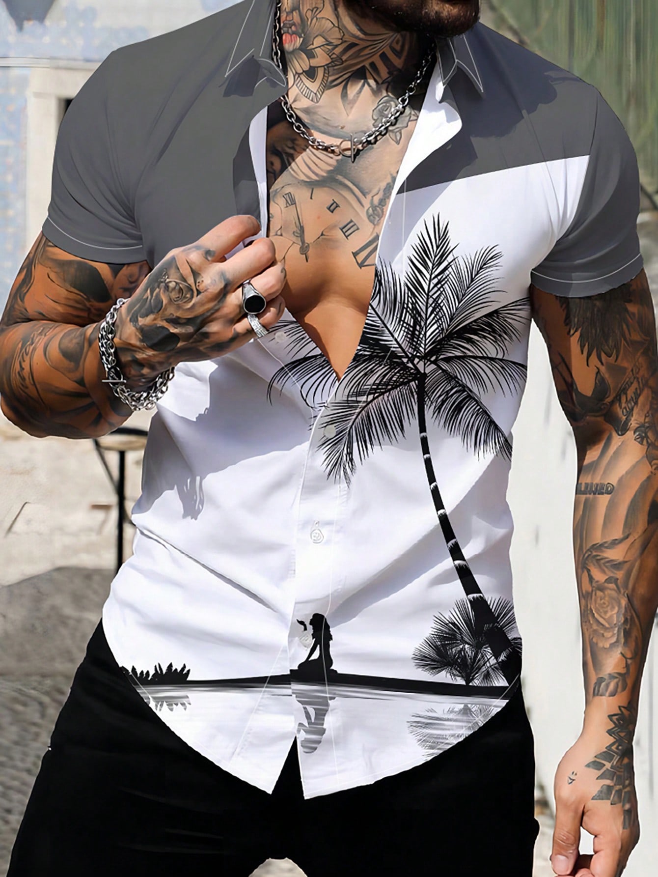 Мужская рубашка с коротким рукавом и градиентным принтом кокосовой пальмы, серый