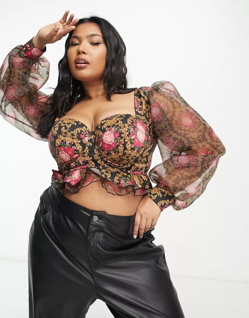 

Шифоновый корсет с рукавами ASOS DESIGN Curve Melody с принтом в стиле барокко