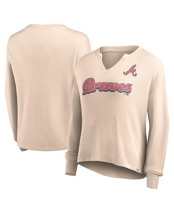 

Женская брендовая кремовая рваная футболка Atlanta Braves Go For It вафельной вязки с длинными рукавами и вырезом в горловине Fanatics, тан/бежевый