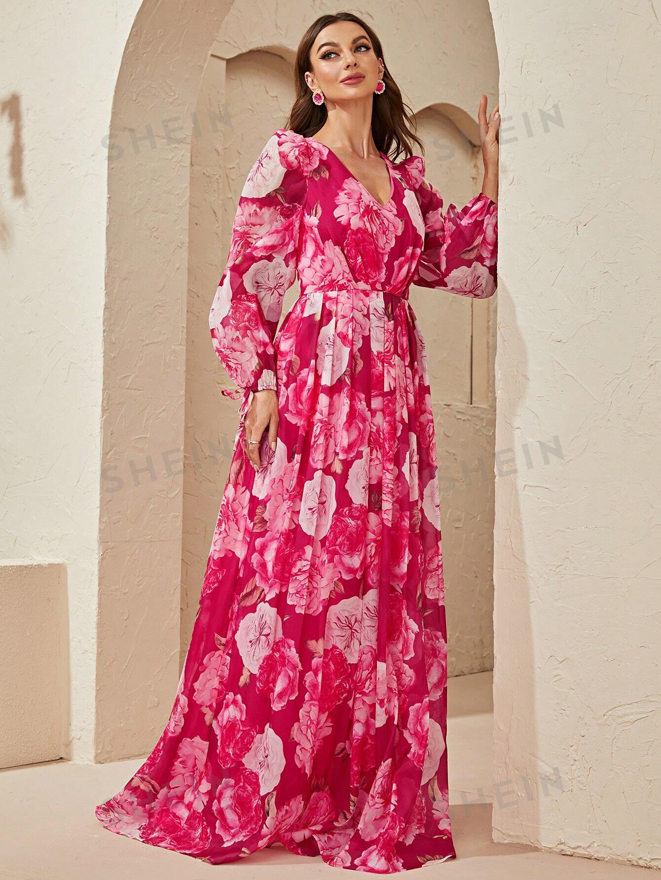 Giffniseti Женское платье с v-образным вырезом и поясом, ярко-розовый женское платье с цветочным принтом длинным рукавом фонариком глубоким v образным вырезом и рюшами элегантное облегающее праздничное плат