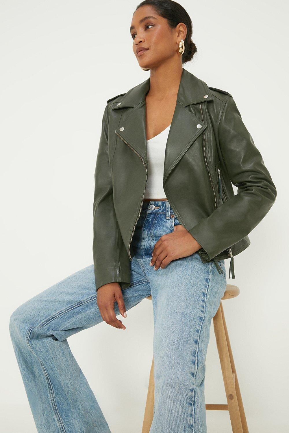 

Укороченная куртка свободного кроя из натуральной кожи Dorothy Perkins, зеленый