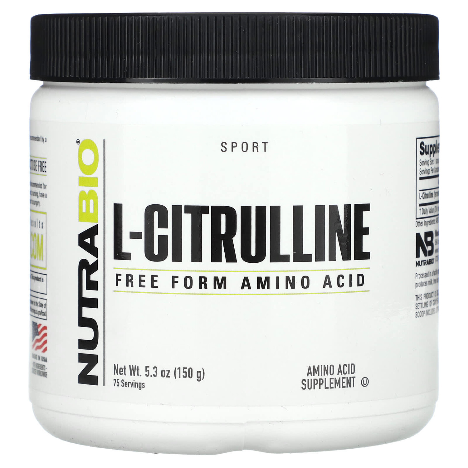 

L-цитруллин, аминокислота в свободной форме, 150 г (5,3 унции), NutraBio